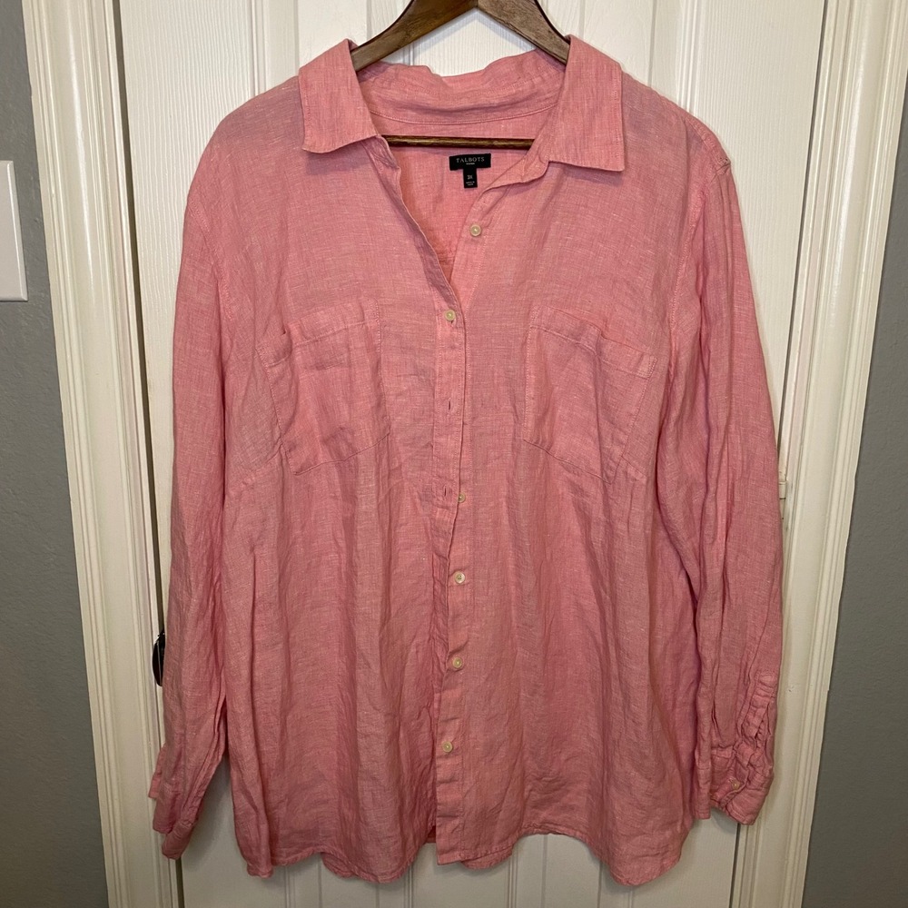 Talbots Woman 3x Pink 100% Linen Button Down Shirt Long Sleeve Blouse